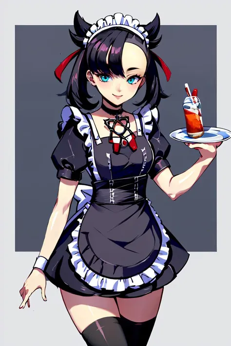 <lora:Genzoman_Style_Dim64:0.6>, , ((masterpiece,best quality)), absurdres, <lora:Marnie_Pokemon_Dim32:0.8>, Marnie_Pokemon, aqua eyes, black choker, red ribbon, jewelry, maid outfit, maid headdress, black dress,apron, zettai ryouiki,  solo, smiling, looking at viewer, cowboy shot,  ,