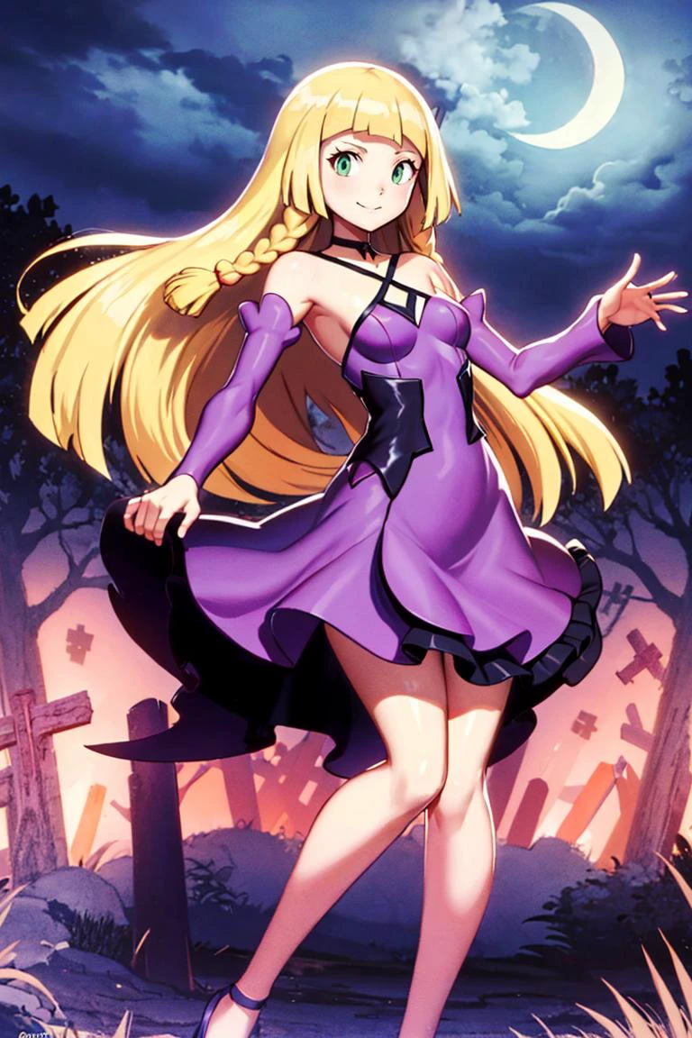 <lora:Genzoman_Style_Dim64:0.6>,centered, award winning photo, (looking at viewer:1.2), | Haunter_Pokemon, floating | crescent moon, graveyard, | bokeh, depth of field, cinematic composition, | <lora:Haunter_Pokemon_Anime:0.9>, aalillie, 1girl, green eyes, smile, very long hair, blonde hair, long blonde hair, (braid:1.1), bangs, medium breasts, hair ribbon, frilled choker, criss-cross halter, (purple dress dress:1.1), sleeveless dress, high-waist skirt, backless dress, waist bow, black detached sleeves, frilled sleeves, small top hat, <lora:lillie_(pokemon)_v1:0.7>,