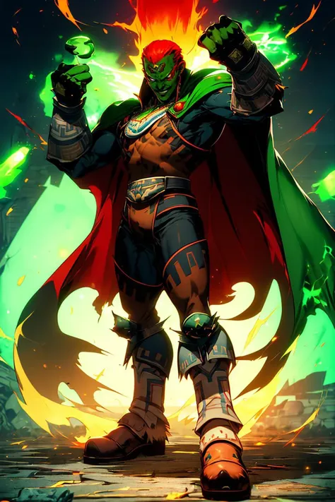 <lora:Genzoman_Style_Dim64:0.6>,((masterpiece,best quality)), absurdres, <lora:OoT_Ganondorf_Zelda_Anime:0.8>, OoT_Ganondorf_Zelda, solo, (green skin), cape, solo, smiling, looking at viewer, cowboy shot, <lora:r1ge - AnimeRage:0.8>, r1ge, glowing, red aura,