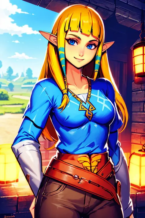 <lora:Genzoman_Style_Dim64:0.8>, , ((masterpiece,best quality)), absurdres,
1girl,
long blonde hair, blue eyes, pointy ears, blue shirt, princess zelda, pants, brown belt,
solo, smiling, looking at viewer, cowboy shot, 8