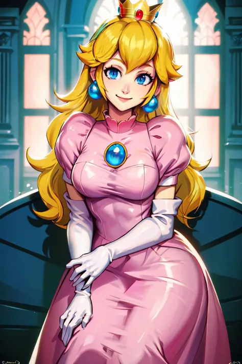 <lora:Genzoman_Style_Dim64:0.6>, , ((masterpiece,best quality)), absurdres, <lora:Princess_Peach_Nintendo:0.8>, Princess_Peach,  (pink dress), blonde hair, blue eyes, long hair, crown, gem, gloves, puffy sleeves, short sleeves, white gloves, solo, smiling, looking at viewer, cowboy shot,