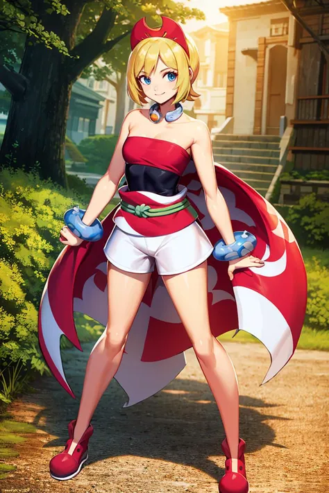 <lora:Genzoman_Style_Dim64:0.6>, , ((masterpiece,best quality)), absurdres,  <lora:irida_(pokemon)_v1:0.7>, aairida, short hair, red hairband, neck ring, collar, strapless shirt, red shirt, bracelet, sash, waist cape, white shorts, bare legs, solo, smiling, looking at viewer, cowboy shot,  ,