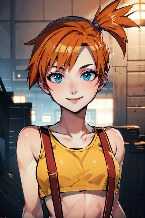 <lora:Genzoman_Style_Dim64:0.6>, , ((masterpiece,best quality)), absurdres, <lora:Misty_Pokemon_v2_Anime:0.8>, Misty_Pokemon, yellow crop top, suspenders, side ponytail, orange hair, solo, smiling, looking at viewer, upper body, portrait,