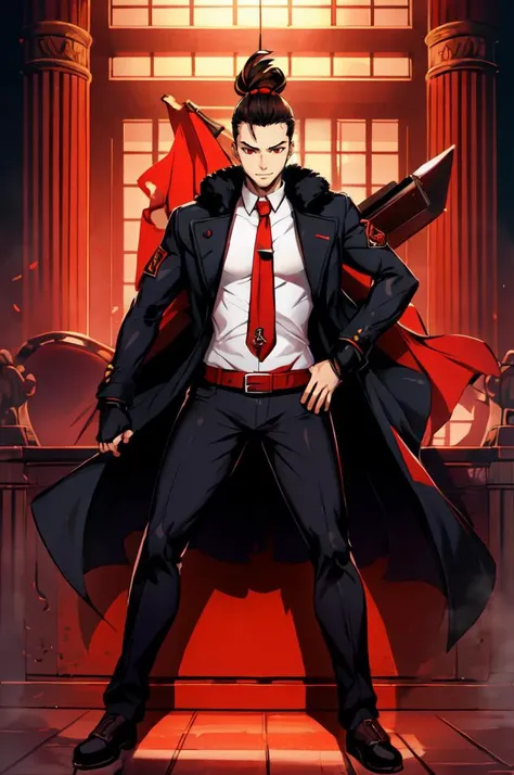<lora:Genzoman_Style_Dim64:0.65>, ultra detailed, masterpiece, best quality, solo, smug smile, sitting, arm rest, head on hand, throne room, red banner, black and red theme, 1boy, red eyes, <lora:Tsurime3:1>, (tsurime:1.2), black hair, undercut, top knot, parted bangs, long bangs, bangs, short hair, hair intakes, tall, (coat on shoulders:1.3), dress shirt, sleeves rolled up, fingerless gloves, holster, pants, belt, multiple belts, combat boots, bulletproof vest, tactical clothes,