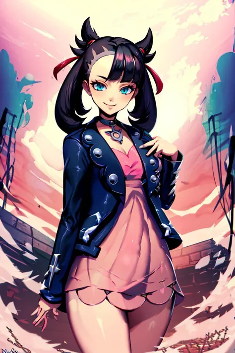 <lora:Genzoman_Style_Dim64:0.8>, , ((masterpiece,best quality)), absurdres, <lora:Marnie_Pokemon_Dim32:0.8>, Marnie_Pokemon, aqua eyes, black choker, red ribbon,  jewelry, pink dress, black jacket, open clothes, long sleeves, solo, smiling, looking at viewer, cowboy shot,  ,