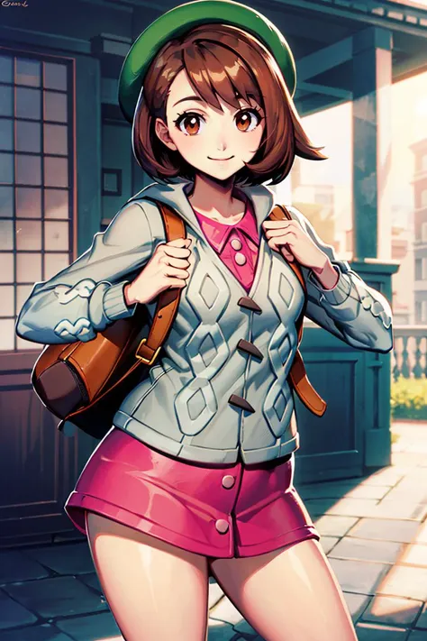 <lora:Genzoman_Style_Dim64:0.6>, , ((masterpiece,best quality)), absurdres,  <lora:gloria_(pokemon)_v1:0.7>,  gloria \(pokemon\), brown hair, solo, backpack, brown eyes, tam o' shanter, grey cardigan, pink dress, short hair, green socks, socks, brown bag, bob cut, bangs, long sleeves, collared dress,  solo, smiling, looking at viewer, cowboy shot,  ,