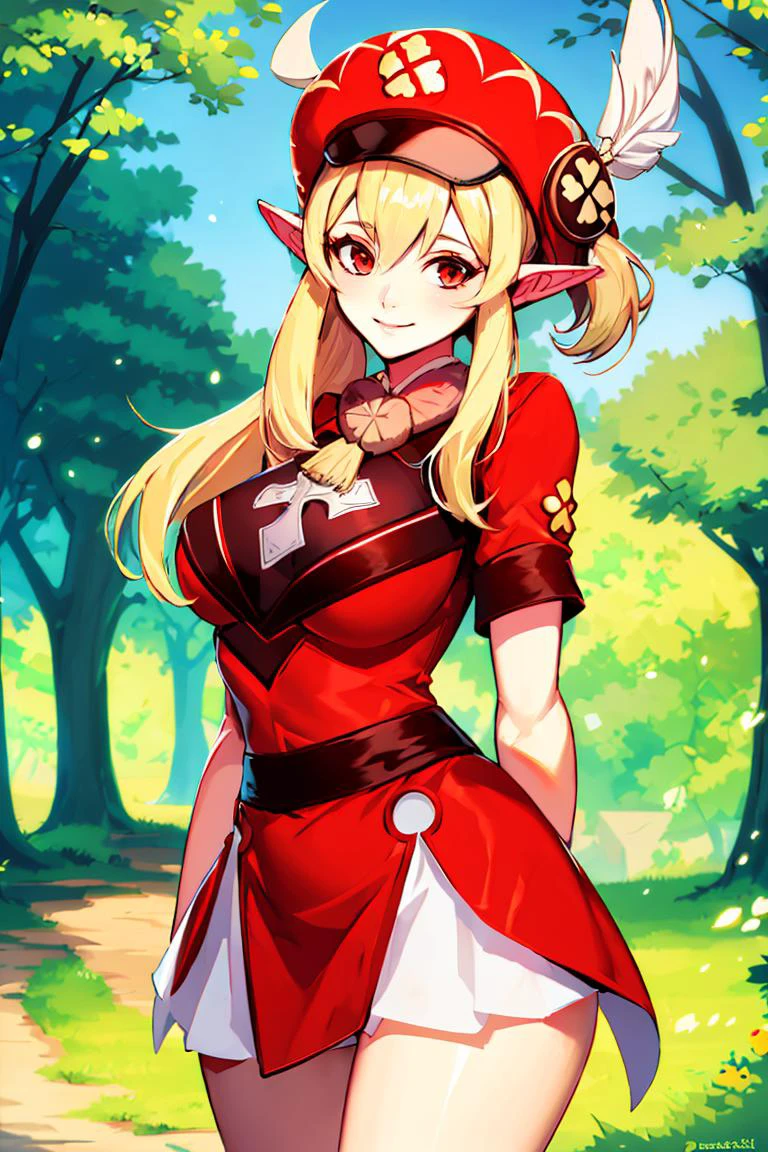 <lora:Genzoman_Style_Dim64:0.6>, , ((masterpiece,best quality)), absurdres, <lora:Adult_Klee_Genshin:0.8>, Adult_Klee_Genshin, busty, pointy ears, red hat, solo, smiling, looking at viewer, cowboy shot,