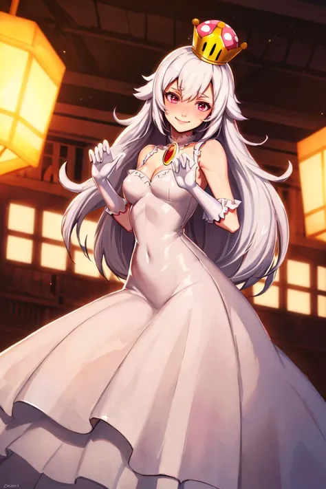 <lora:Genzoman_Style_Dim64:0.6>, , ((masterpiece,best quality)), absurdres, <lora:Boosette_Mario_Anime:0.9>, Boosette_Mario, 1girl, long hair, white hair, long white dress, ballroom dress, white gloves,  solo, smiling, blushing, looking at viewer, cowboy shot,