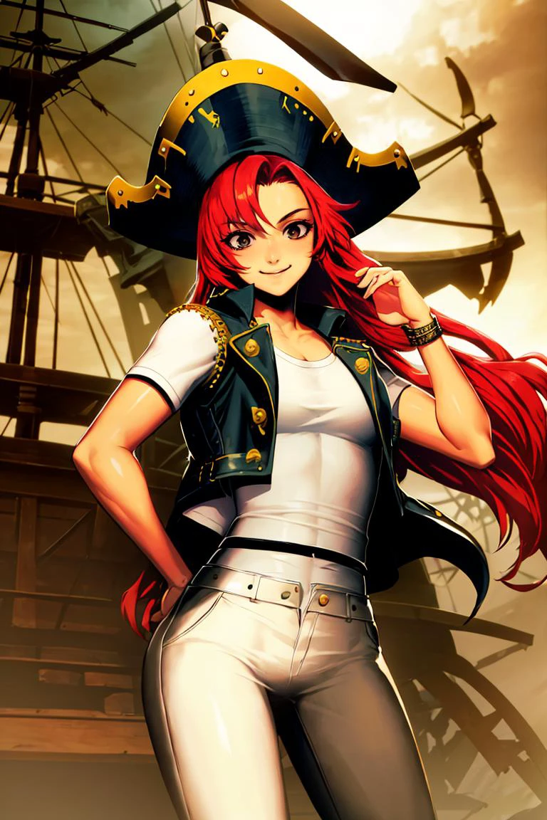 <lora:Genzoman_Style_Dim64:0.8>, , ((masterpiece,best quality)), absurdres,
1girl, pirate, pirate hat, leather vest, red hair, pants, white shirt,
solo, smiling, looking at viewer, cowboy shot,