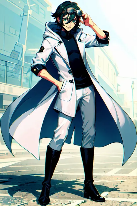 <lora:Genzoman_Style_Dim64:0.6> (goggles on head:1.1), male focus,, ultra detailed, masterpiece, best quality, solo, smile, 1boy, green eyes, short hair, black hair, bangs, hair between eyes, messy hair, goggles on head, headband, white coat, hooded coat, hood down, open coat, turtleneck, capri pants, pants, black knee boots,
