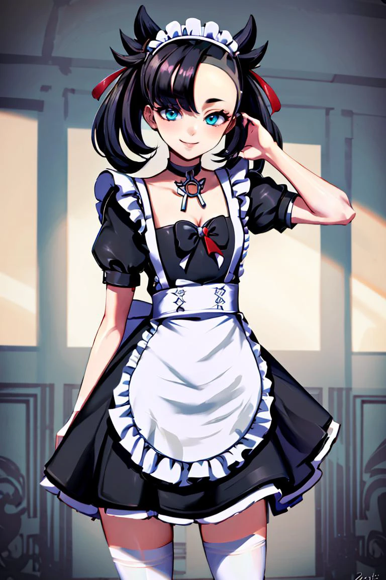 <lora:Genzoman_Style_Dim64:0.6>, , ((masterpiece,best quality)), absurdres, <lora:Marnie_Pokemon_Dim32:0.8>, Marnie_Pokemon, aqua eyes, black choker, red ribbon, jewelry, maid outfit, maid headdress, black dress,apron, zettai ryouiki, solo, smiling, looking at viewer, cowboy shot, ,
