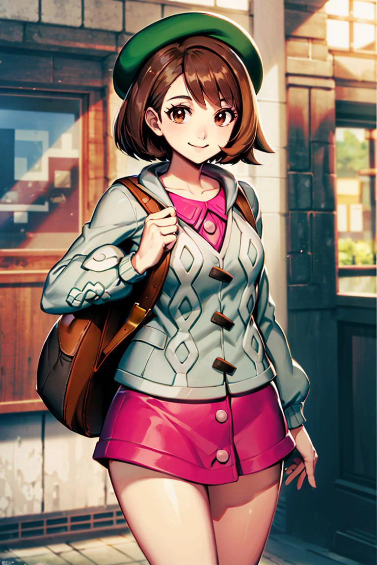 <lora:Genzoman_Style_Dim64:0.6>, , ((masterpiece,best quality)), absurdres, <lora:gloria_(pokemon)_v1:0.7>, gloria \(pokemon\), brown hair, solo, backpack, brown eyes, tam o' shanter, grey cardigan, pink dress, short hair, green socks, socks, brown bag, bob cut, bangs, long sleeves, collared dress, solo, smiling, looking at viewer, cowboy shot, ,