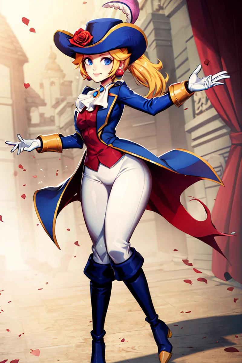 <lora:Genzoman_Style_Dim64:0.6>, , ((masterpiece,best quality)), absurdres, <lora:Princess_Peach_Nintendo:0.8>, Swordfighter_Peach, solo, 1girl, hat, blonde hair, blue eyes, jewelry, earrings, long hair, rapier, hat feather, pants, ascot, red rose, hat flower, ponytail, white pants, white gloves, boots, blue jacket, long sleeves, smiling, looking at viewer, cowboy shot,