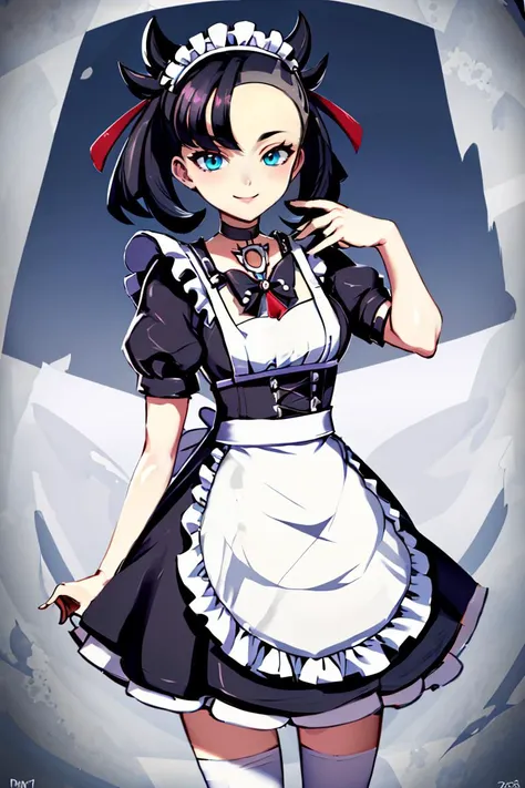 <lora:Genzoman_Style_Dim64:0.6>, , ((masterpiece,best quality)), absurdres, <lora:Marnie_Pokemon_Dim32:0.8>, Marnie_Pokemon, aqua eyes, black choker, red ribbon, jewelry, maid outfit, maid headdress, black dress,apron, zettai ryouiki,  solo, smiling, looking at viewer, cowboy shot,  ,