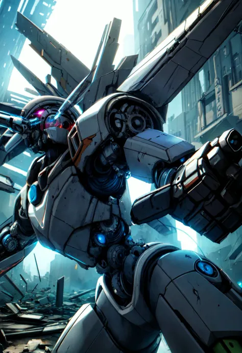 Masterpiece, Best quality, 1girl, blank eyes, wild hair, blue hair, tattoos, mechanical parts, gynoid, robotic, completely nude, factory, scenery, ominous, dramatic, dusty, science fiction, colorful