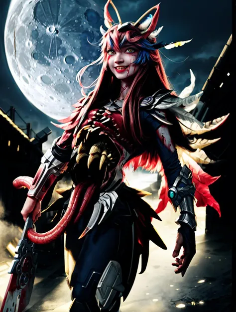 Solo:1.3, scifi, Blaziken, pokemon (creature),
vivid colors, cinematic hard lighting, realistic shadows, detailed textures, dynamic lighting, cgi,
neon orange,
((bodyhorror, monster girl, vertical extra mouth from the ribs to the waist, sharp teeth):1.2),
a highly detailed portrait of a realistic cat girl, face close-up, detailed skin, detailed eyes, detailed armor, symmetrical face,
puffy face, smile, blushing, (happy:1.2), large ((blue eyes):1.1), (glowing eyes), long hair, glowing pink hair,
nice hands, perfect hands,
futuristic (warrior feather headdress),
blood on face, (bloody), (moon),
(AS-Younger:1),
<lyco:GoodHands-beta2:1.0>
<lora:add_detail:1>
<lora:MechaArmor:0.55>
<lora:Blaziken:0.3>
<lora:bodyhorror:1>
