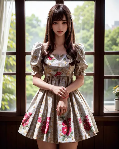 1girl,standing,cowboy shot,wearing floral_print puff_dress,brown long hair,looking at the viewer,indoors,windows,depth of field,night,luxury,ultra realistic 8k cg,picture-perfect face,flawless,clean,masterpiece,best quality,professional artwork,famous artwork,cinematic lighting,cinematic bloom,<lora:puff_dress_collection:0.5>,
