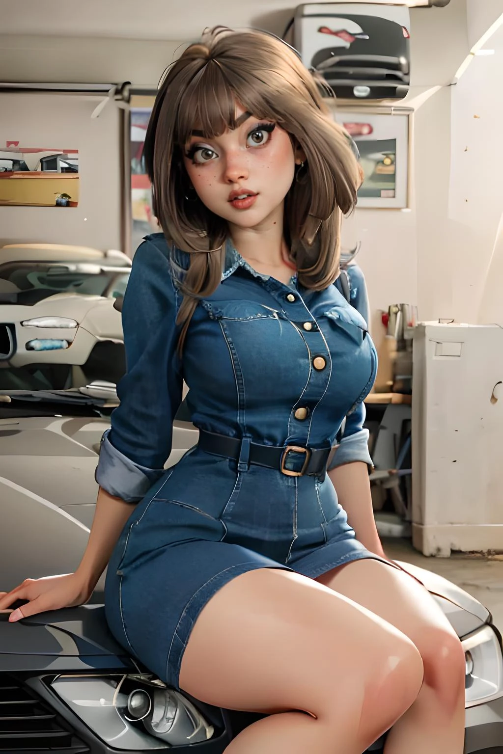 amateur photo,beautiful, masterpiece, 4k, best quality, extremely detailed face, perfect lighting, depth of field,
busty woman sitting on car hood,
<lora:ch1n4cut:0.8> ch1n4cut, blunt bangs, short/long hair ,
<lora:denim_dress-10:0.8> wearing denim_dress,
garage background,dim lights,
<lora:detail_slider_v4:0.8>