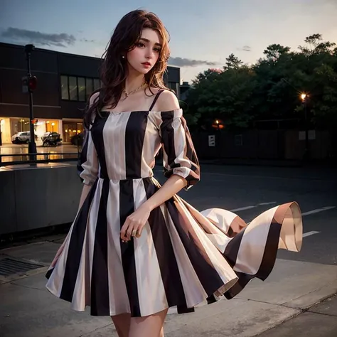 1girl,standing,cowboy shot,wearing striped_dress,outdoors,city,night,luxury,ultra realistic 8k cg,picture-perfect face,flawless,clean,masterpiece,best quality,professional artwork,famous artwork,cinematic lighting,cinematic bloom,<lora:striped_dress_collection:0.8>,