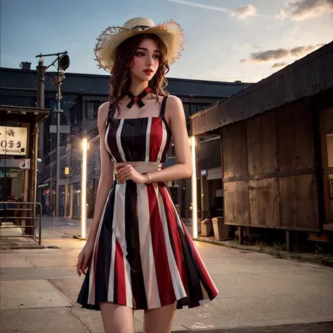 1girl,standing,cowboy shot,wearing striped_dress,outdoors,city,night,luxury,ultra realistic 8k cg,picture-perfect face,flawless,clean,masterpiece,best quality,professional artwork,famous artwork,cinematic lighting,cinematic bloom,<lora:striped_dress_collection:0.8>,
