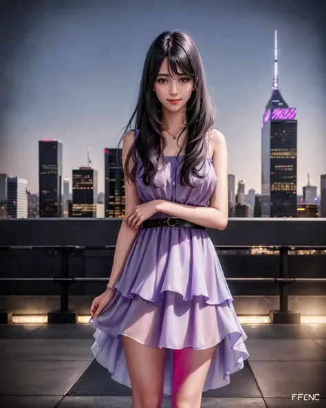 1girl,standing,cowboy shot,smiling,(wearing flounce_dress:1.2),light_purple flounce_dress,(black straight hair:1.2),(long hair),outdoors,cityscape,city lights,night,luxury,ultra realistic 8k cg,picture-perfect face,flawless,clean,masterpiece,best quality,professional artwork,famous artwork,cinematic lighting,cinematic bloom,<lora:flounce_dress_collection:0.5>,