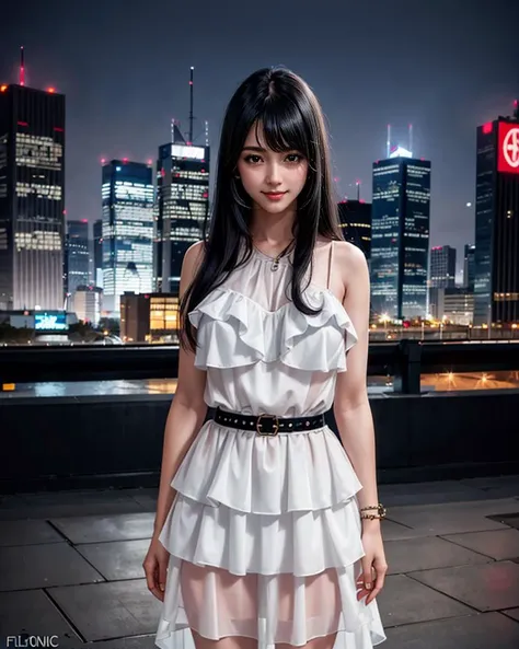1girl,standing,cowboy shot,smiling,(wearing flounce_dress:1.2),(black hair),(long straight hair),outdoors,cityscape,city lights,night,luxury,ultra realistic 8k cg,picture-perfect face,flawless,clean,masterpiece,best quality,professional artwork,famous artwork,cinematic lighting,cinematic bloom,<lora:flounce_dress_collection:0.5>,