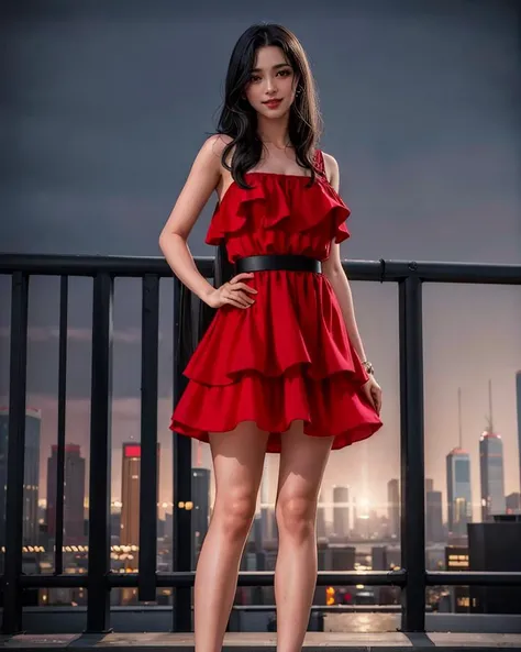 1girl,standing,cowboy shot,smiling,(wearing flounce_dress:1.2),(red flounce_dress),(black straight hair:1.3),(long hair),outdoors,cityscape,city lights,night,luxury,ultra realistic 8k cg,picture-perfect face,flawless,clean,masterpiece,best quality,professional artwork,famous artwork,cinematic lighting,cinematic bloom,<lora:flounce_dress_collection:0.5>,