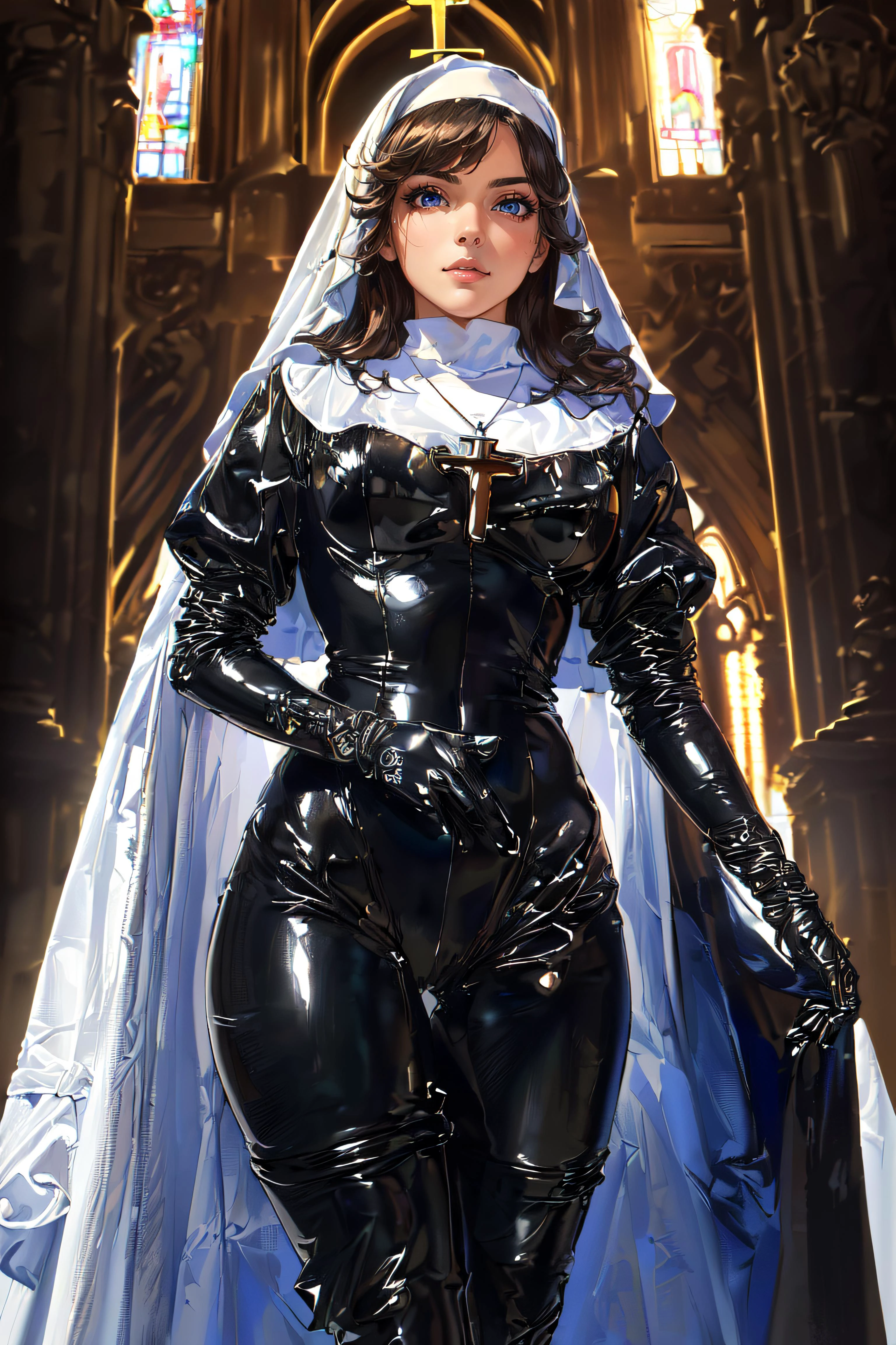 (masterpiece, best quality, ultra detailed, absurdres:1.5), 1girl, (sexy, beautiful woman, perfect face, perfect eyes, perfect female body:1.5), (tutututu, (nun), (cross necklace), latex bodysuit, shiny clothes, skin tight, habit, latex gloves, black bodysuit, thigh boots, <lora:tutu修女:0.8>), (standing, indoors, cathedral), perfect lighting, smooth, hdr