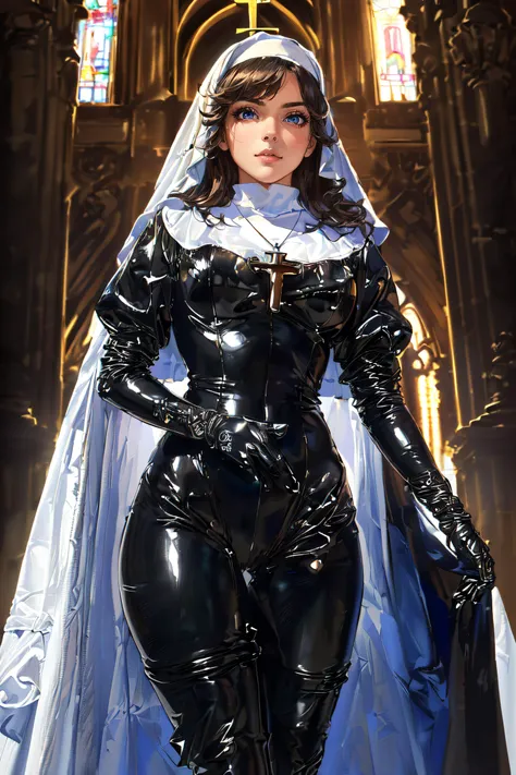 (masterpiece, best quality, ultra detailed, absurdres:1.5), 1girl, (sexy, beautiful woman, perfect face, perfect eyes, perfect female body:1.5), (tutututu, (nun), (cross necklace), latex bodysuit, shiny clothes, skin tight, habit, latex gloves, black bodysuit, thigh boots, <lora:tutuä¿®å¥³:0.8>), (standing, indoors, cathedral), perfect lighting, smooth, hdr