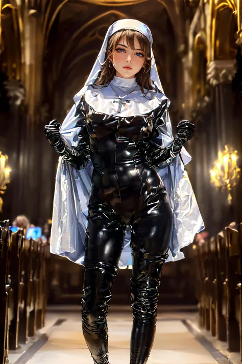 (masterpiece, best quality, ultra detailed, absurdres:1.5), 1girl, (sexy, beautiful woman, perfect face, perfect eyes, perfect female body:1.5), (tutututu, (nun), (cross necklace), latex bodysuit, shiny clothes, skin tight, habit, latex gloves, black bodysuit, thigh boots, <lora:tutuä¿®å¥³:0.8>), (standing, indoors, cathedral), perfect lighting, smooth, hdr