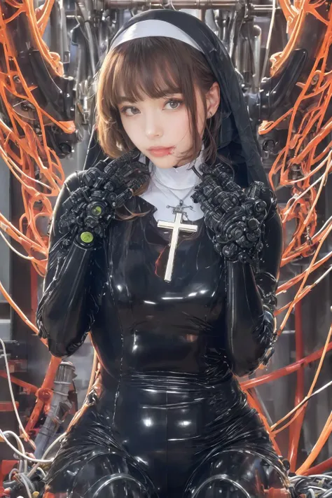 tutututu, nun,cross necklace, latex bodysuit, shiny clothes,
(masterpiece, top quality, best quality, official art, beautiful and aesthetic:1.3), (1girl:1.3), extreme detailed,colorful,highest detailed,((ultra-detailed)), (highly detailed), ((an extremely delicate and beautiful)),cinematic light,((1mechanical girl)),solo, upper body,(steampunk),(machine made joints:1.2),(mechanical limbs),(blood vessels connected to tubes),((mechanical cervial attaching to neck)),(sitting),expressionless,wires and cables attaching to neck,wires and cables on head,,science fiction,mechanical city, active pose,
<lora:tutu:0.8>