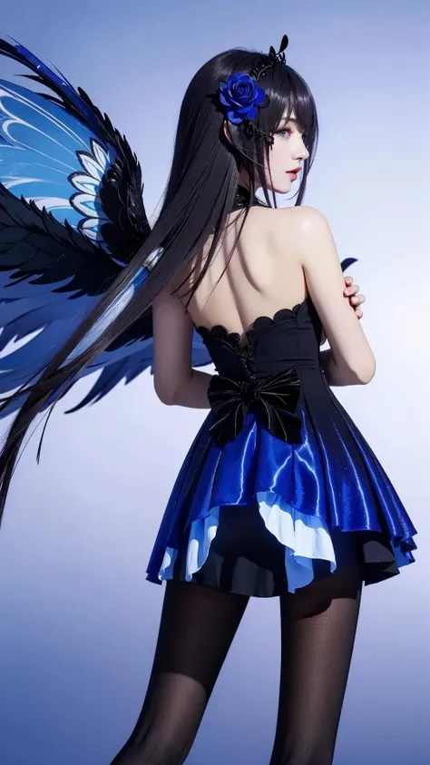 masterpiece, best quality,
1girl,in the dark,deep shadow,
,Xier Eternal Night,
solo,
dress, long hair, hair ornament, bangs, bare shoulders, black hair, blue eyes, flower, breasts, blue dress, black dress, blue flower, sleeveless dress, purple hair, seele vollerei, sleeveless, pantyhose, black pantyhose, rose, blue rose, hair between eyes, cleavage, purple eyes, thighhighs, feathers, wings, strapless, strapless dress, hair flower, no shoes, frills, blue butterfly, butterfly, black wings, hair over one eye, backless outfit, glowing, fire, feathered wings,
<lora:Xier Eternal Night_20231120135550-000014:0.6>