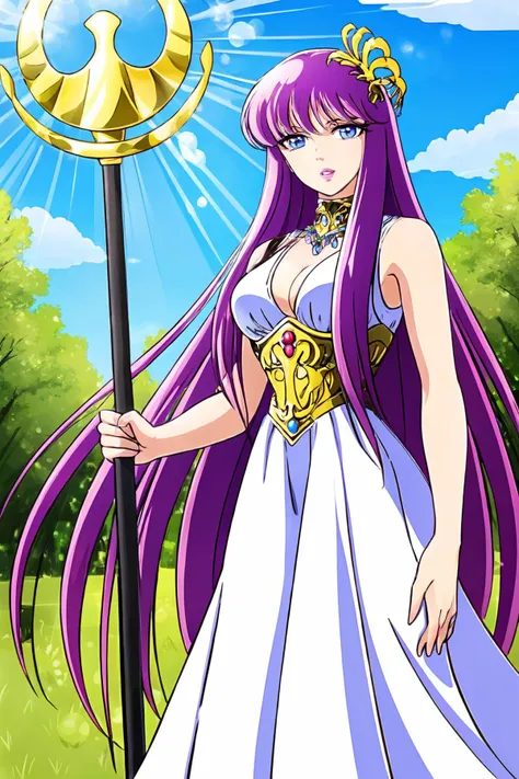 best quality, masterpiece, highres, official art, ultra detailed,
cowboy shot, outdoors, scenery, sky, cloud, ancient greece, lens flare, tree,
kido_saori, solo, saori_sleeveless_white_dress, purple hair, blue eyes, looking at viewer, long hair, bangs, large breasts, parted lips, holding staff, staff_nikke, saori_accessories, hair ornament,
 <lora:kido saori5-000007:0.8>