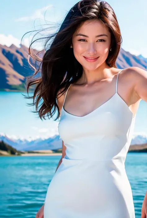 fashion shoot, knees up portrait, 1 young thick woman, smiling, (small nude breast) , ((long puffer jacket) ), (white shiny jacket) , unbuttoned, brunette supermodel, [face: feminine: 1.9] , background is detailed icebergs, cleavage, (topless: 0.9) , hyperrealistic, ultra sharp focus
