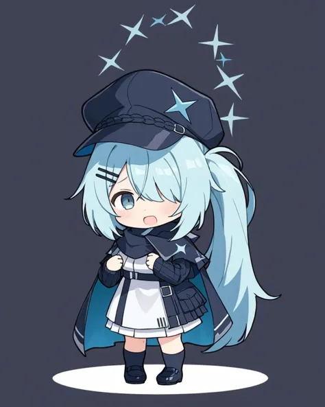 hiyori \(blue archive\),1girl, cabbie_hat, solo, hair_over_one_eye, white_skirt, full_body, hairclip, chibi, halo, black_headwear, long_sleeves, side_ponytail, standing, shoes, sweat, black_footwear, pleated_skirt, scarf, two-tone_background, socks, white_background, looking_away, black_sweater, looking_to_the_side, open_mouth, sleeves_past_wrists, wavy_mouth, shirt, cape, black_jacket
<lora:hiyori_(blue_archive)_image355_2023-11-27-000025:1>halo. gorgeous,key visual, vibrant, studio anime,award-winning, professional, highly detailed,high budget, cinemascope