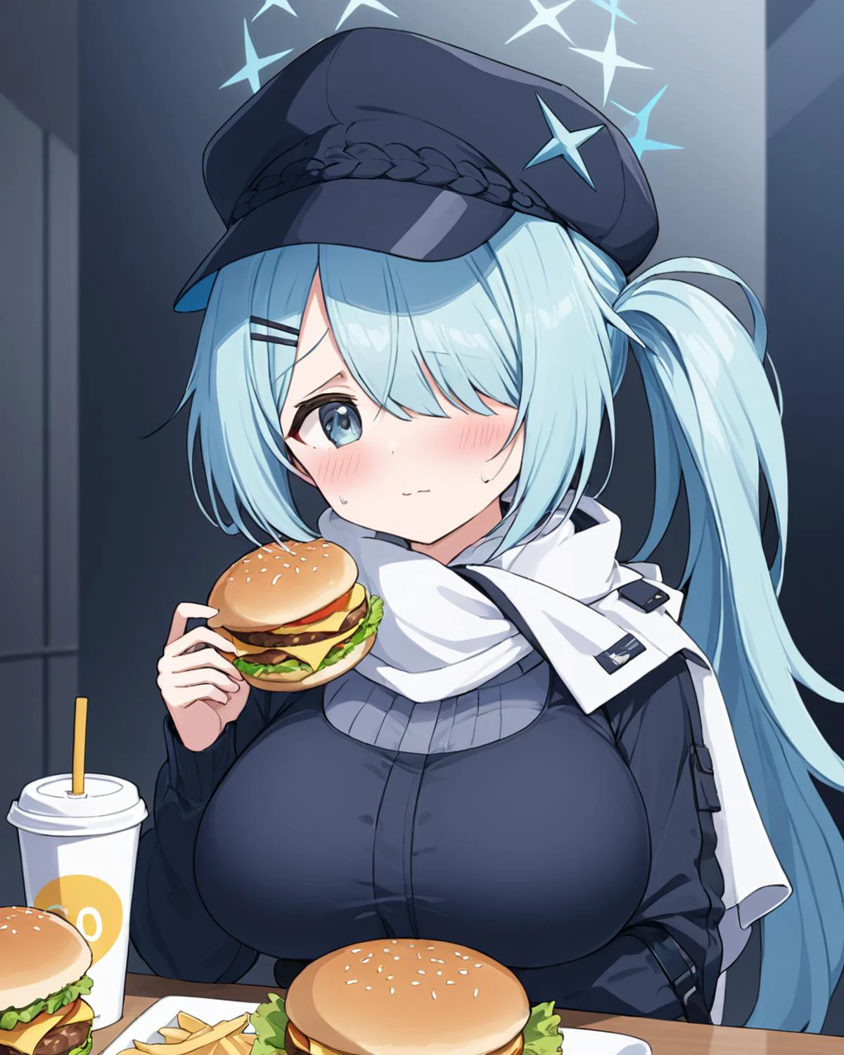 hiyori \(blue archive\),1girl, hair_over_one_eye, halo, burger, solo, side_ponytail, blush, cabbie_hat, white_scarf, large_breasts, holding_food, disposable_cup, eating, looking_at_viewer, crying_with_eyes_open, food_on_face, black_sweater, upper_body, holding_cup, long_sleeves
<lora:hiyori_(blue_archive)_image355_2023-11-27-000025:1>halo. gorgeous,key visual, vibrant, studio anime,award-winning, professional, highly detailed,high budget, cinemascope