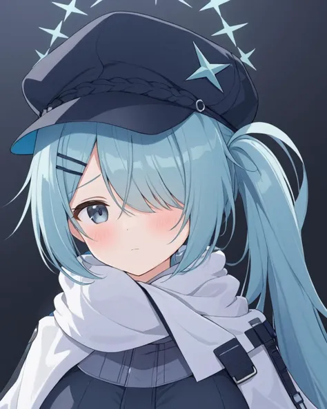 hiyori \(blue archive\),1girl, cabbie_hat, solo, side_ponytail, hair_over_one_eye, hairclip, halo, blush, upper_body, closed_mouth, black_headwear, simple_background, long_sleeves, looking_at_viewer, white_scarf, cropped_torso, holding, jacket
<lora:hiyori_(blue_archive)_image355_2023-11-27-000025:1>halo. gorgeous,key visual, vibrant, studio anime,award-winning, professional, highly detailed,high budget, cinemascope