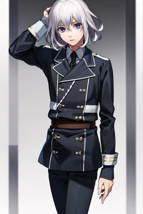 masterpiece,  best quality, 1boy, male focus, honebami toushirou, white hair, military uniform, uniform, pants, potraight, half body, semi realistic, sunny, bright colors, <lora: NamazuoToushirouHonebamiToushirou-000008:0.9>