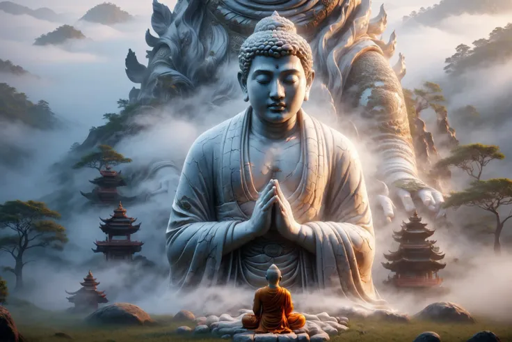 monk praying infront of buddha statue on a hill, fog, <lora:ral-porcelain:1> ral-porcelain <lora:SDXL_Sacred_beast:0.8> BJ_Sacred_beast, (masterpiece:1.2), best quality, (hyperdetailed, highest detailed:1.2), high resolution textures