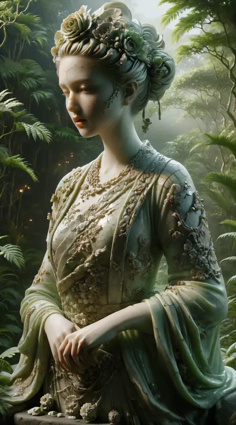 ral-porcelain,<lora:ral-porcelain:1>,jade,jade sculpture,<lora:jade:0.5>,
breathtaking detailed soft painting of the edge of the forest with ringing flowers od dream,a girl with a lip of mandarine with crossed knees in a light deluge,shadowed nudity through rainbow,flora and sea,rembrandt style,elegant,highly detailed,artstation,concept art,matte,sharp focus,art by tom bagshaw,luis royo and greg rutkowski,