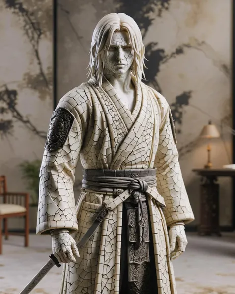 <lora:ral-porcelain-sdxl:1> ral-porcelain, Samurai Kainé from Nier, he is Broken, wearing Salaryman outfit, Long hair