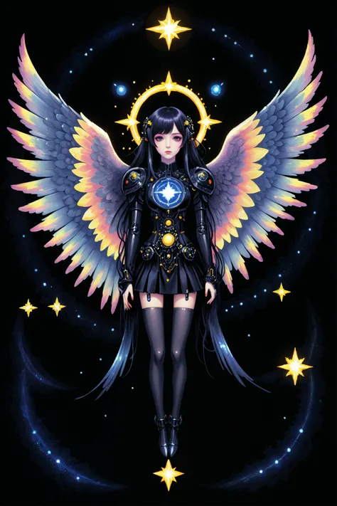 by Hiromu Arakawa, artificial intelligence of starry seraphim- winged being with luminous, starry wings and celestial halos. , robotics technician, (illusion, gothic:1.2), Retro game art, 16-bit, vibrant colors, pixelated, nostalgic, charming, fun, (masterpiece, intricate details:1.2) <lora:XL-Loras\xl_more_art-full_v1:0.5><lora:XL-Loras\add-detail-xl:1><lora:XL-Loras\lora-sdxl-perfect-eyes:0.7>