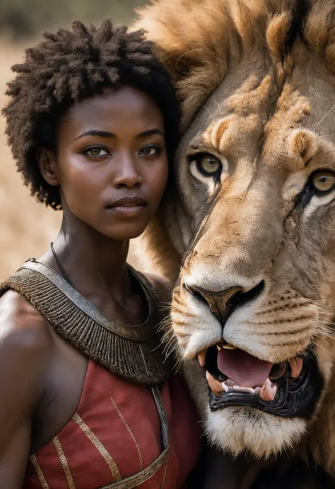 Eye contact with a black 20-year-old woman warrior with short hair in a masai costume petting a male lion's mane in the savanna, sharply chiseled face, highly detailed skin, detailed lion eyes, pitch black skin  <lora:polyhedron_all_sdxl-000004:0.35> <lora:xl_more_art:0.35> <lora:sd_xl_offset_example-lora_1.0:0.25> <lora:lora-sdxl-perfect-eyes:0.55>