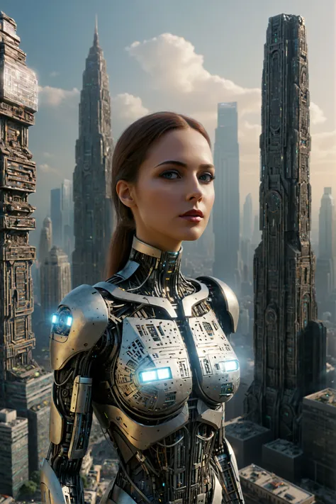 photograph of a female cyborg standing on a rooftop, rococo cyberpunk style, golden shiny reflective theme, relaxed and peaceful atmposphere  <lora:Golden_Paradigm:0.8> <lora:add_detail:0.5> <lora:realistic:0.5>  <lora:waterVFX:0.5>