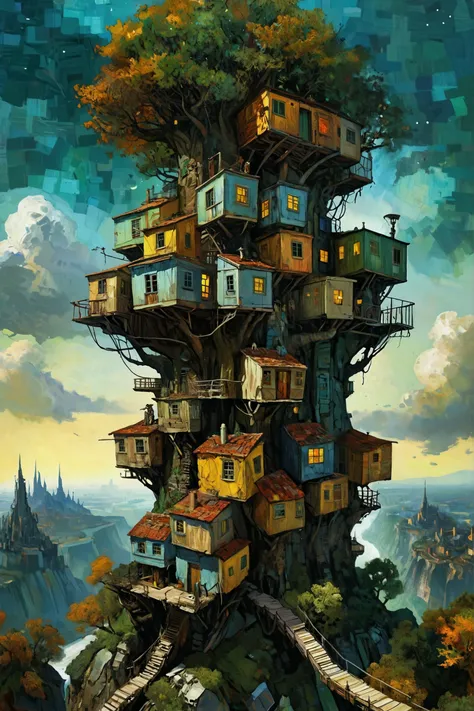 by Constantin Joffe, Build an amazing, best quality masterpiece, Vincent van Gogh, tree-top village, (spacepunk, collage art:1.2), Futuristic sci-fi style, futuristic, technological, alien worlds, space themes, advanced civilizations, (masterpiece, intricate details:1.2) <lora:XL-Loras\xl_more_art-full_v1:0.5><lora:XL-Loras\add-detail-xl:1><lora:XL-Loras\lora-sdxl-perfect-eyes:0.7>