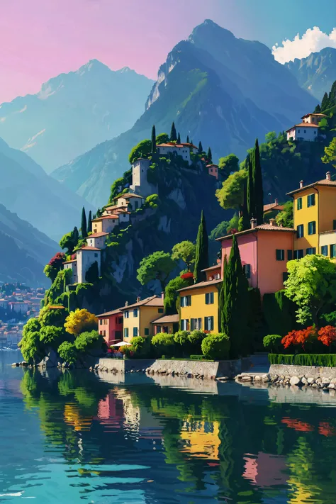 by Heinrich Danioth, Tranquil Lakeside Retreats: Relax by the peaceful shores of Lake Como in Italy, surrounded by picturesque villages and towering mountains, (romantic landscape, video art:1.2), Glitchcore Art Style, dynamic, dramatic, distorted, vibrant colors, glitchcore art style, (masterpiece, intricate details:1.2) <lora:XL-Loras\xl_more_art-full_v1:0.5><lora:XL-Loras\add-detail-xl:1><lora:XL-Loras\lora-sdxl-perfect-eyes:0.7>