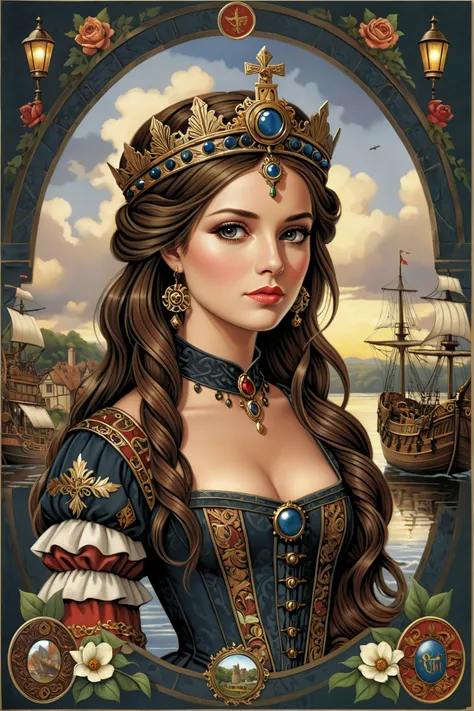 (by Charles Wysocki:1.2), Guinevere early-medieval queen of Great Britain, Vector Art Stickers, professional vector designs, sticker designs, Sticker Sheet (beautifully lit:1.2), steampunk, (ultra detailed, masterpiece, best quality, intricate details:1.4) <lora:XL-Loras\xl_more_art-full_v1:0.5><lora:XL-Loras\add-detail-xl:1><lora:XL-Loras\lora-sdxl-perfect-eyes:0.7>