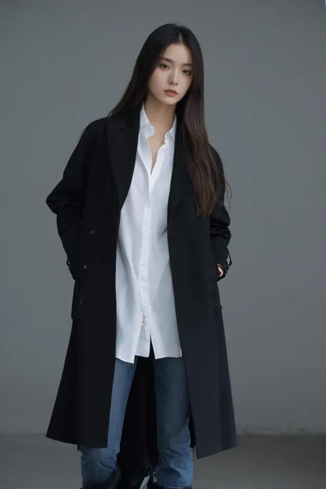 ysygirl, Masterpiece, realism, realism, realism, realism, best detail, best quality, (details:1.2), (reality:1.3), a woman, long hair, model display, clothes display, black coat, white shirt, jeans, black boots, (perfect face, perfect details, perfect proportion),