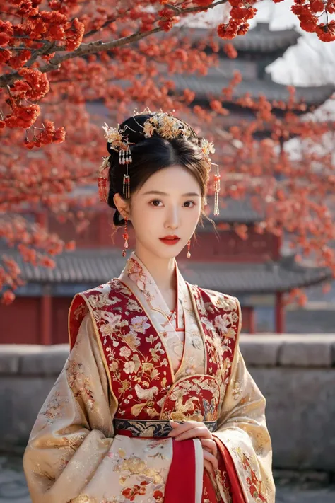 QIEMANCN,a photo of woman with a red and gold dress,hanfu,chinese style,grand spectacle,wide viewing angle,high definition,big scene,snowscape,plum blossom,looking at the camera,sharp focus,natural lighting,subsurface scattering,f2,35mm,film grain,<lora:å½é£-å¤å éå¸ SDXL:0.75>,, 1girl,solo,looking at viewer,Best quality,masterpiece,ultra high res,(photorealistic:1.4)