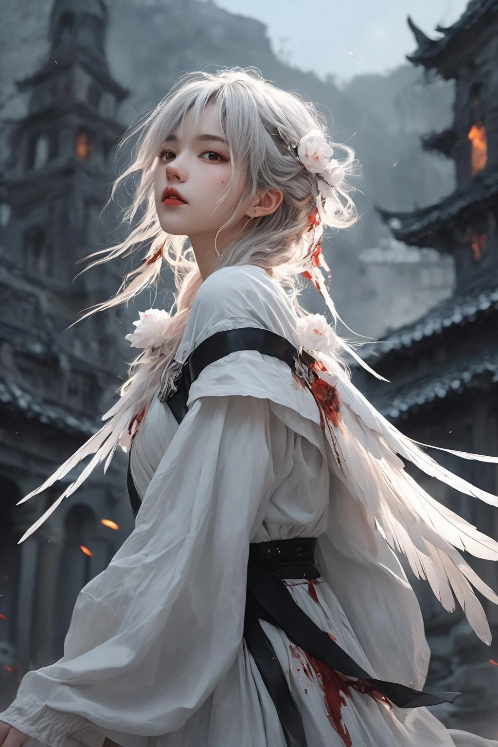 Best quality,masterpiece,ultra high res,(photorealistic:1.4),Arknights,masterpiece,[dusty color],[beautiful detailed sketch],soft light,[blurry texture],1girl,solo,(an extremely delicate and beautiful girl),large_breasts,looking at sky,(white_hair),very_long_hair,wavy hair,expressionless,expressionless eyes,red_eyes,longeyelashes,beautiful detailed eyes,((blood)),closed mouth,hair_flower,earrings,flower ribbon,pointy ears,gothic_ta,off_shoulder,black_dress,sleeveless_dress,cross necklace,((dorsal wings on girl's back)),((angel wings on girl's back)),navel,night,full_moon,cloudy,spruce,(burning_forests),(fire),fire shine on the face,flame,fighting_stance,(windy),(white_feathers),falling_rose petals,(in_ruins),blurry background,fantastic streamer,brilliant galaxy,walking,boots,((swords)),, 1girl,solo,looking at viewer,Best quality,masterpiece,ultra high res,(photorealistic:1.4)